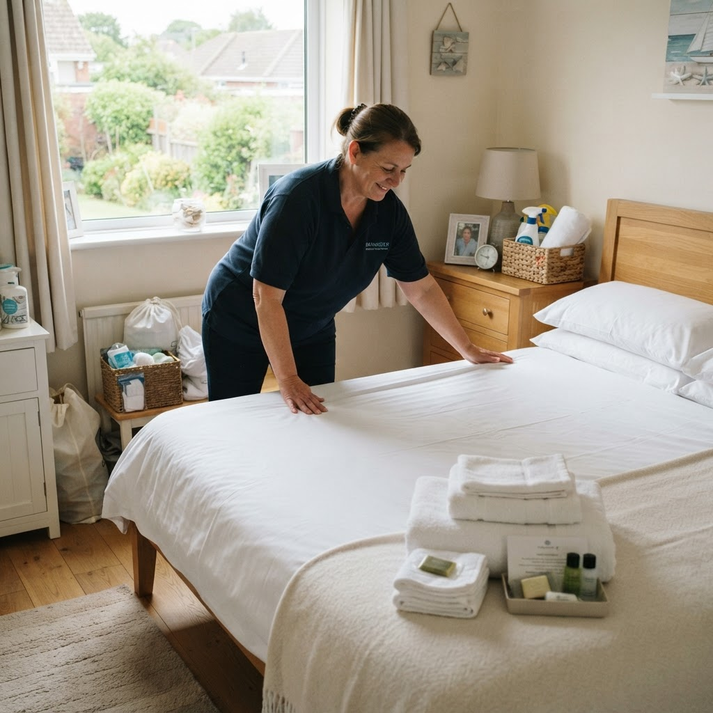 Cedar Ridge worker changing linens and restocking a short-term rental during turnover