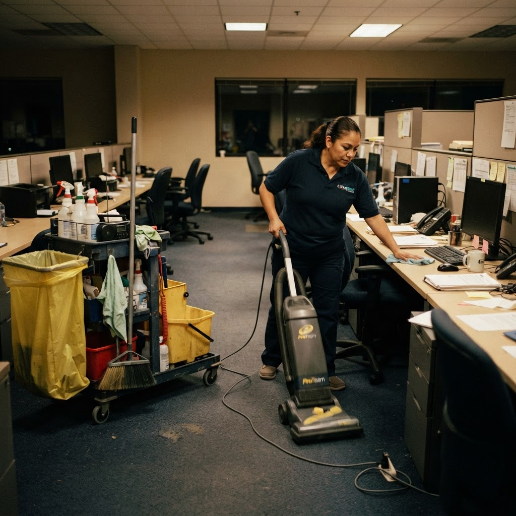 Cedar Ridge janitorial worker cleaning an office after hours