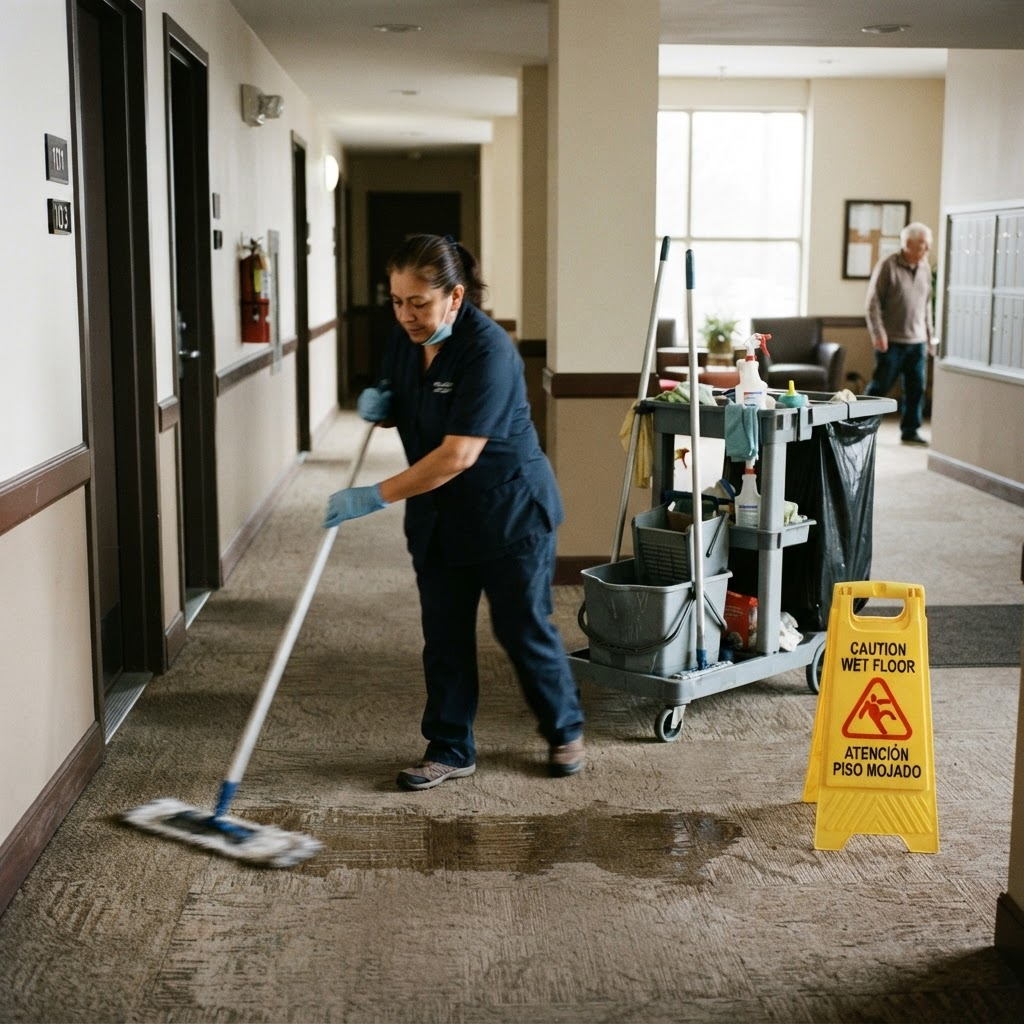 Cedar Ridge worker cleaning a shared apartment building hallway and lobby