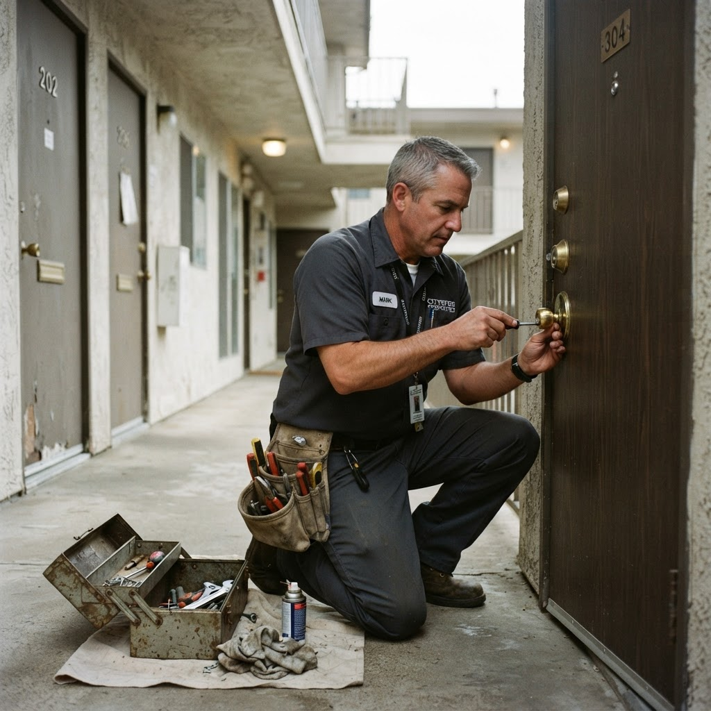 Cedar Ridge maintenance technician inspecting a door lock on an apartment unit