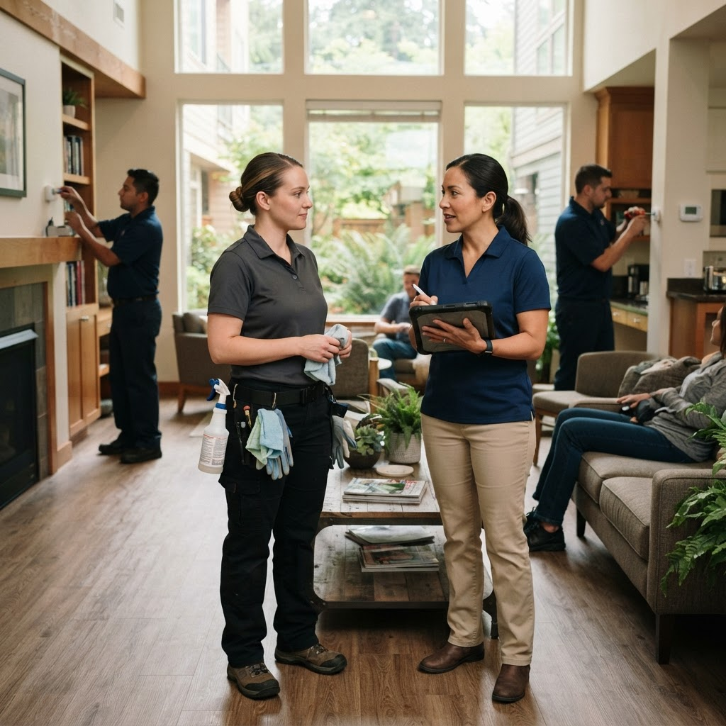 Multifamily property services team coordinating cleaning and maintenance