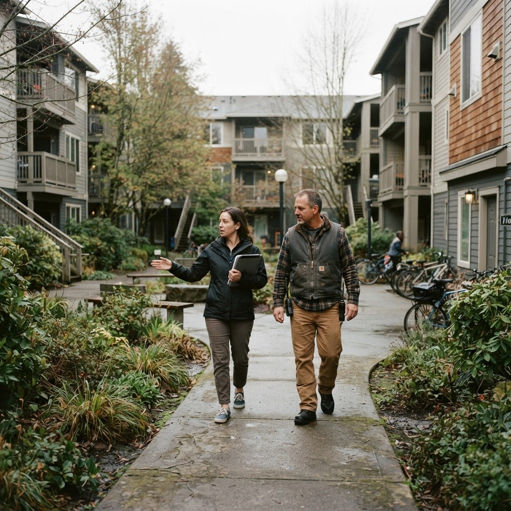 Cedar Ridge property manager and maintenance worker walking an apartment community