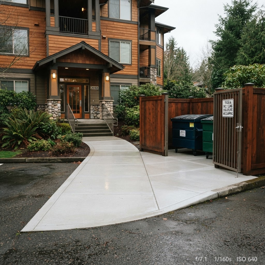 Freshly pressure-washed clean concrete entryway at an apartment community