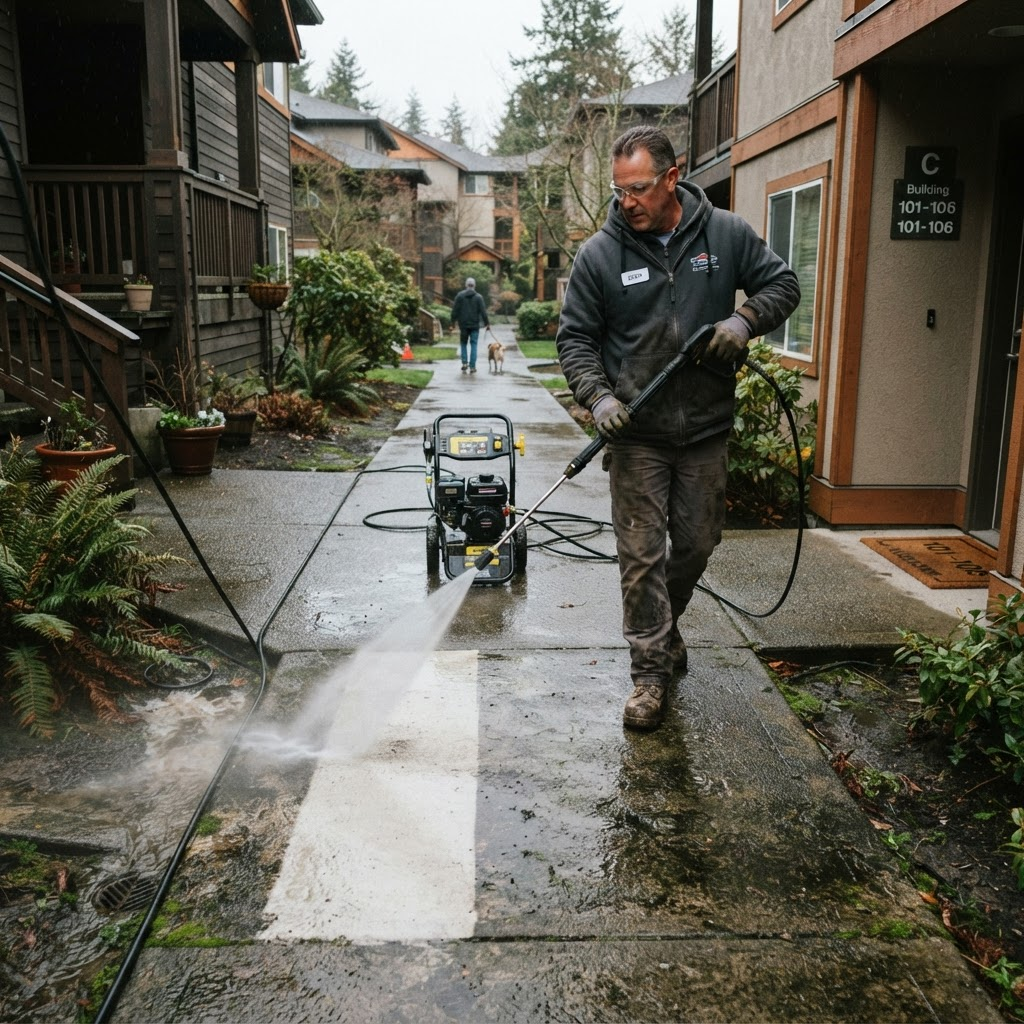 Cedar Ridge worker actively pressure washing an apartment community walkway