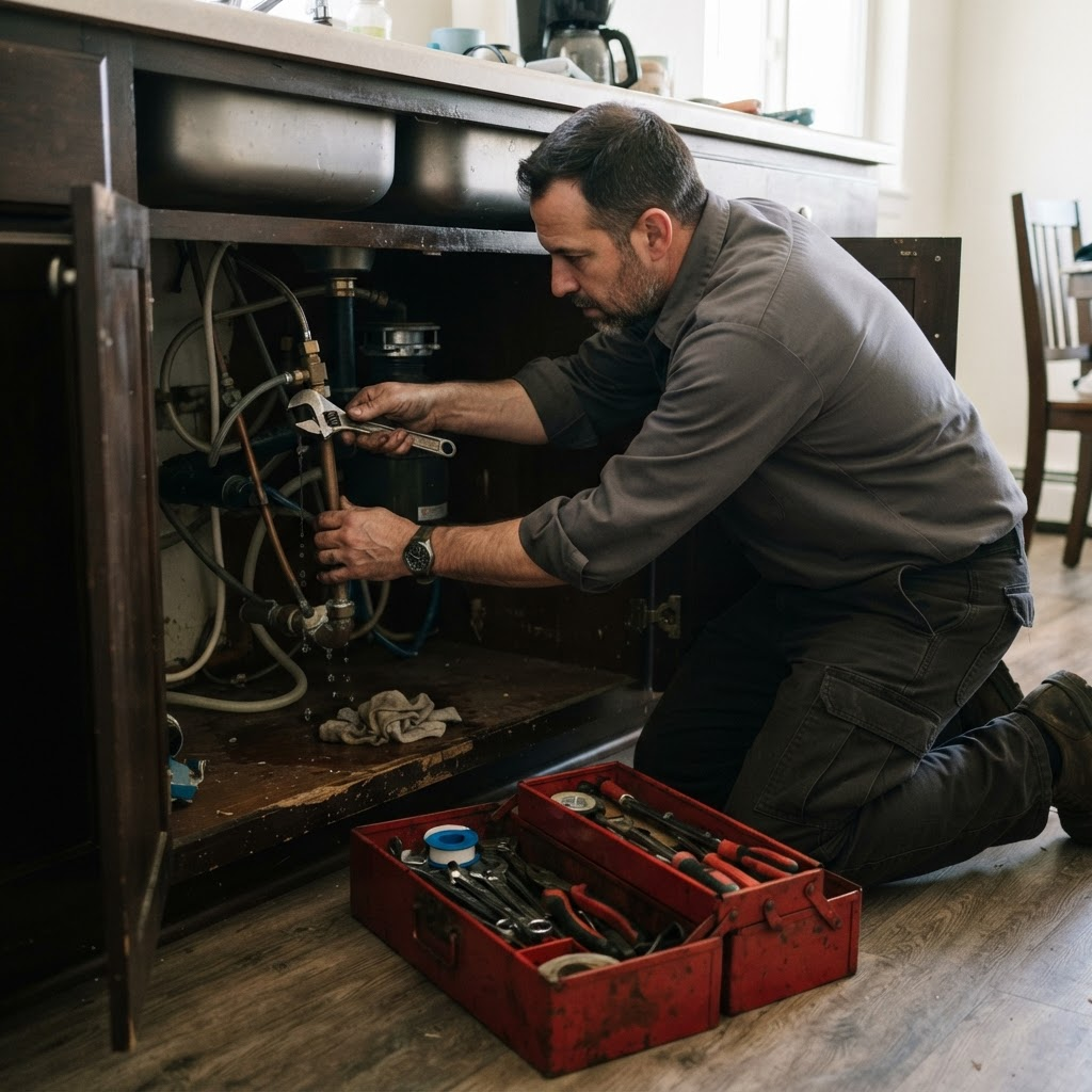 Property maintenance technician completing a service request