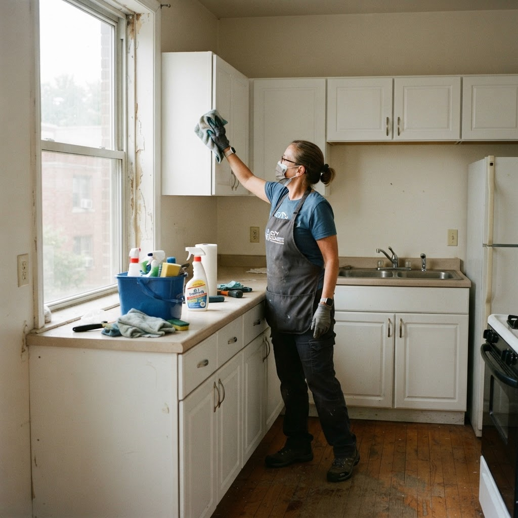 Cedar Ridge worker cleaning a vacant apartment kitchen during a unit turn